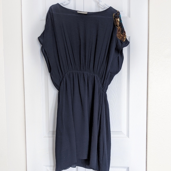 Sandro dress size medium butterfly shoulder sequin dark navy blue - Picture 4 of 7